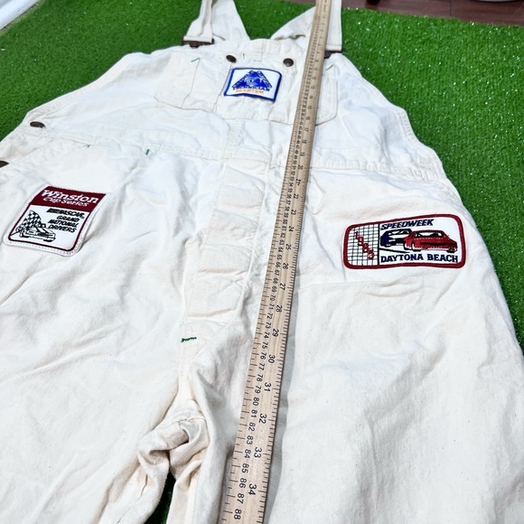 Vintage  Wrangler Bib Overalls 42 x 32 Cream 90s Chevy‎ NASCAR Daytona Patches - Picture 7 of 16
